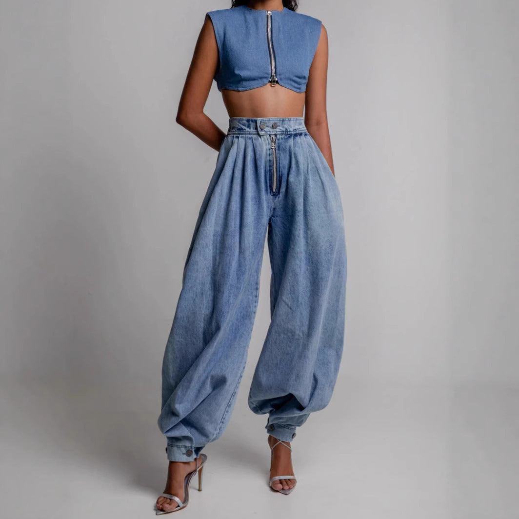 Élancia – Pantalon Denim Taille Haute Élégant